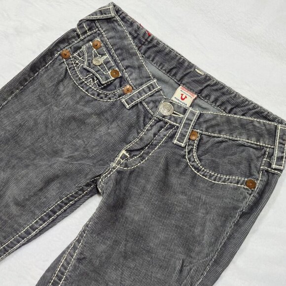 True Religion ✦ Gray Corduroy Flare Jeans ✦ Joey Big T Flare w/ Signature Stitch - Picture 5 of 13